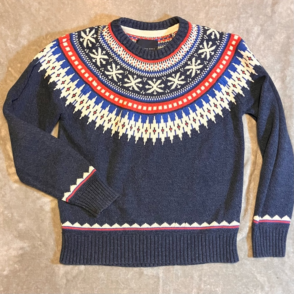 Vintage American Eagle Sweater‎ Mens Medium Blue Nordic Fair Isle Wool Blend Ski